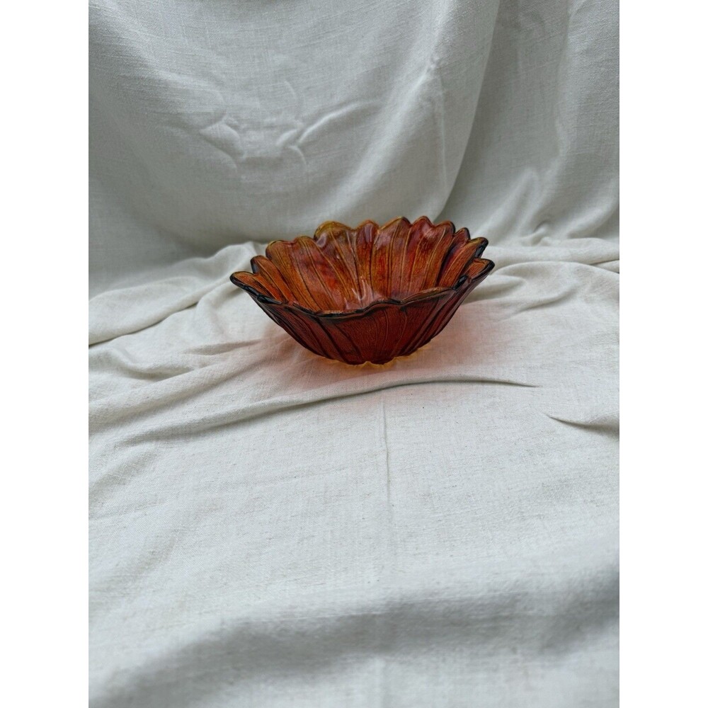 Vintage Amber Glass Sunflower Bowl Scalloped Edge Pressed Glass Candy Dish Fall